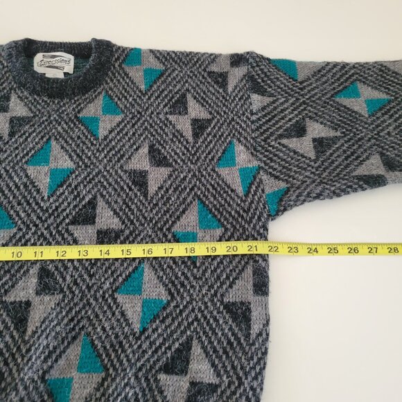 Vintage Expressions Geometric Acrylic Sweater Gray Turquoise Size Large EUC - Picture 7 of 11